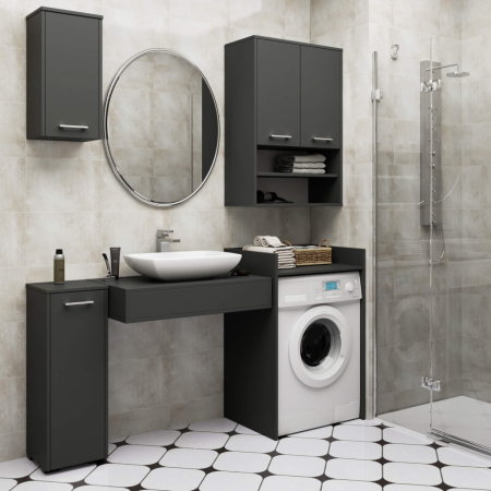 Dulap baie suspendat, cu 2 usi si 2 rafturi deschise, PAL 16 mm, 64x30x94 cm, gri [4]