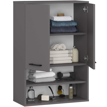 Dulap baie suspendat, cu 2 usi si 2 rafturi deschise, PAL 16 mm, 64x30x94 cm, gri [1]