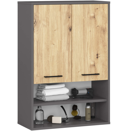 Baie - Dulap baie suspendat, cu 2 usi si 2 rafturi deschise, PAL 16 mm, 64x30x94 cm, gri si stejar artisan
