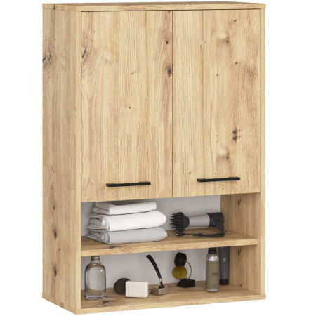 Mobilier pentru baie - Dulap baie suspendat, cu 2 usi si 2 rafturi deschise, PAL 16 mm, 64x30x94 cm, stejar artisan