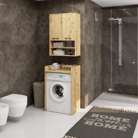 Dulap baie suspendat, cu 2 usi si 2 rafturi deschise, PAL 16 mm, 64x30x94 cm, stejar artisan [2]