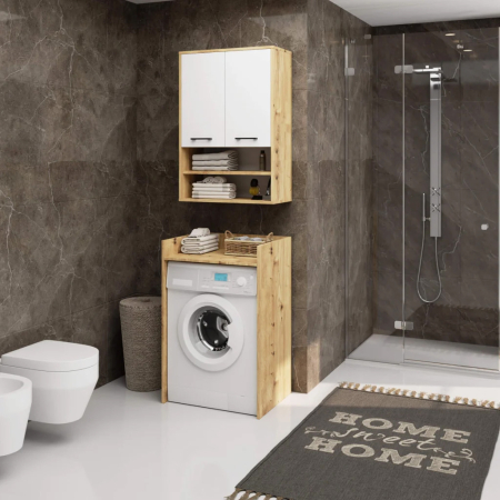 Dulap baie suspendat, cu 2 usi si 2 rafturi deschise, PAL 16 mm, 64x30x94 cm, stejar artisan si alb [3]