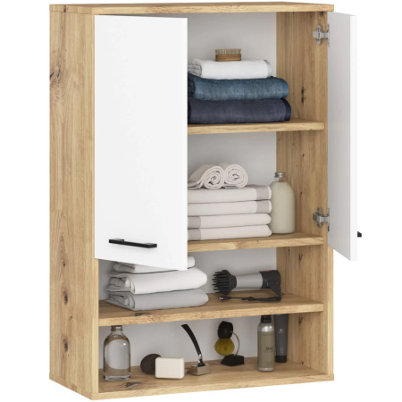 Dulap baie suspendat, cu 2 usi si 2 rafturi deschise, PAL 16 mm, 64x30x94 cm, stejar artisan si alb [1]