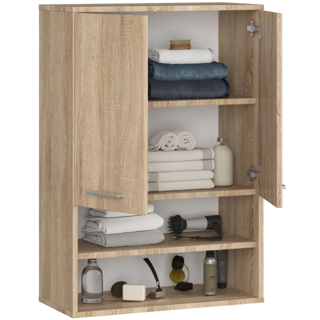 Dulap baie suspendat, cu 2 usi si 2 rafturi deschise, PAL 16 mm, 64x30x94 cm, stejar sonoma [2]