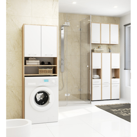 Dulap baie suspendat, cu 2 usi si 2 rafturi deschise, PAL 16 mm, 64x30x94 cm, stejar sonoma si alb [4]