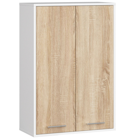Mobilier pentru baie - Dulap baie suspendat, cu 2 usi si 4 rafturi interioare, PAL 16 mm, 64x30x94 cm, alb si stejar sonoma