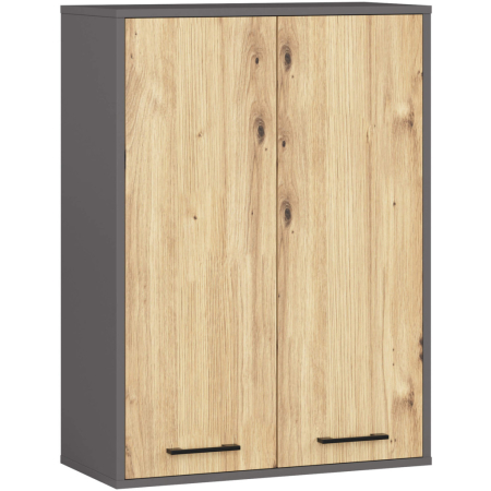 Mobilier pentru baie - Dulap baie suspendat, cu 2 usi si 4 rafturi interioare, PAL 16 mm, 64x30x94 cm, gri si stejar artisan