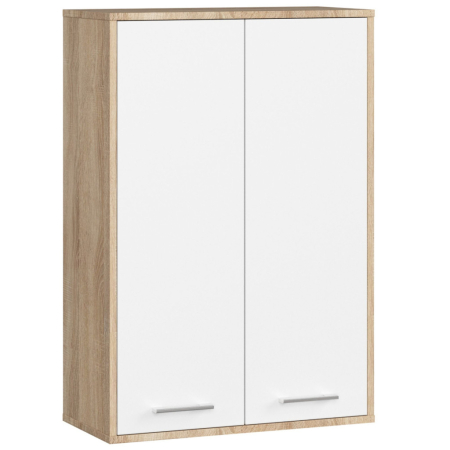 Mobilier pentru baie - Dulap baie suspendat, cu 2 usi si 4 rafturi interioare, PAL 16 mm, 64x30x94 cm, stejar sonoma si alb