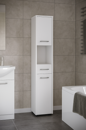 Dulap baie tip coloana cu 2 usi, 1 sertar si rafturi interioare, PAL laminat, 30x30x140 cm, alb [6]