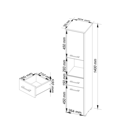 Dulap baie tip coloana cu 2 usi, 1 sertar si rafturi interioare, PAL laminat, 30x30x140 cm, alb [2]