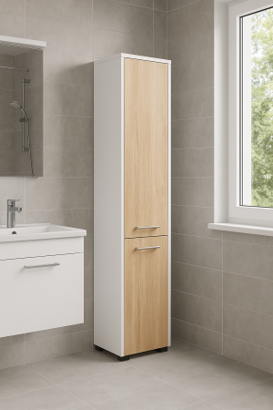 Dulap baie tip coloana cu 2 usi si 5 rafturi, PAL laminat, 30x30x140 cm, alb si stejar sonoma [5]