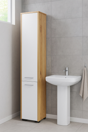 Dulap baie tip coloana cu 2 usi si 5 rafturi, PAL laminat, 30x30x140 cm, stejar artisan si alb [5]