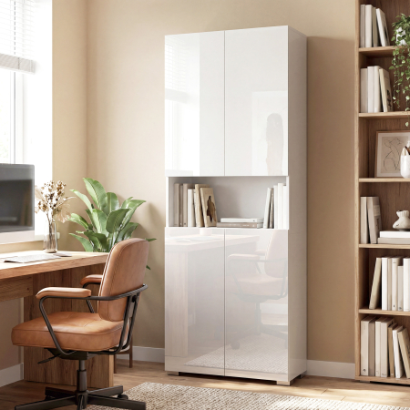  Dulap Bucatarie inalt 180cm, Mobilier Depozitare cu Usi Soft-Close, Raft Deschis, 2 Dulapuri, Rafturi Ajustabile, Stil Modern pentru Sufragerie sau Bucatarie, Alb Lucios [8]