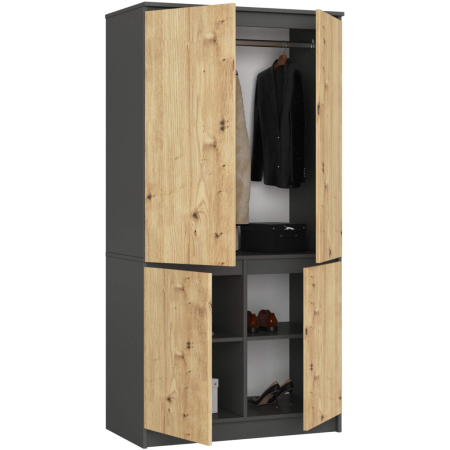 Dulap cu 4 usi, rafturi si bara pentru umerase, PAL laminat, 90x51x180 cm, gri grafit si stejar artisan [1]