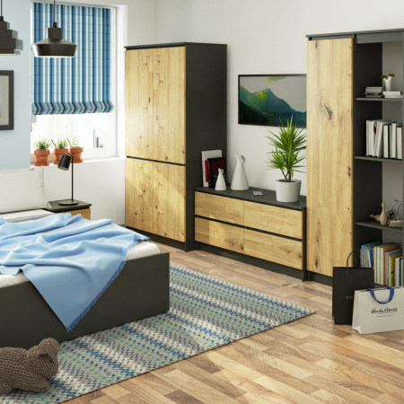 Dulap cu 4 usi, rafturi si bara pentru umerase, PAL laminat, 90x51x180 cm, gri grafit si stejar artisan [3]