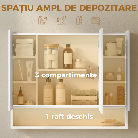 , Dulap cu Oglinda, 3 Usi Soft Close si Rafturi Reglabile, MDF, sticla, 90 cm x 15 cm x 75 cm, Alb [3]