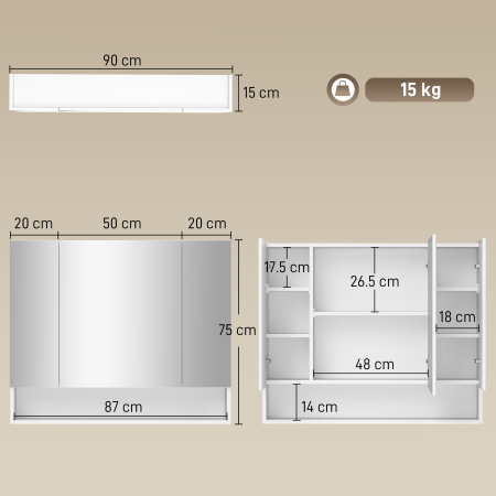 , Dulap cu Oglinda, 3 Usi Soft Close si Rafturi Reglabile, MDF, sticla, 90 cm x 15 cm x 75 cm, Alb [2]