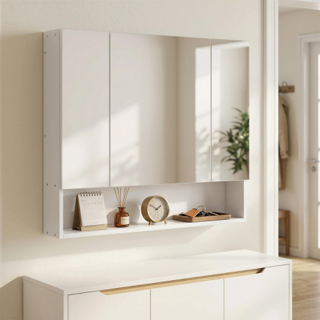 , Dulap cu Oglinda, 3 Usi Soft Close si Rafturi Reglabile, MDF, sticla, 90 cm x 15 cm x 75 cm, Alb [8]