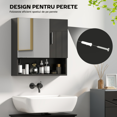  Dulap cu Oglinda pentru Baie 2 Usi si Raft Deschis 54x15.2x55.3 cm Negru [3]