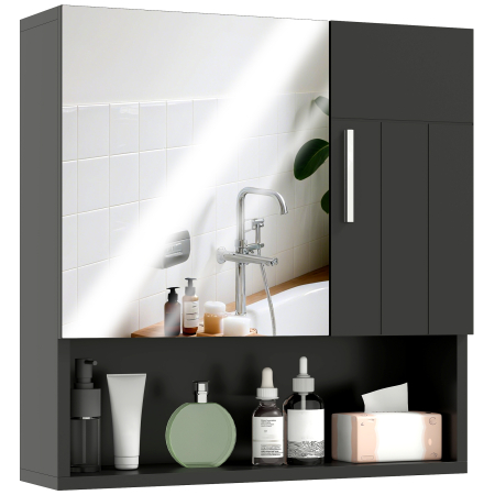 Baie -  Dulap cu Oglinda pentru Baie 2 Usi si Raft Deschis 54x15.2x55.3 cm Negru