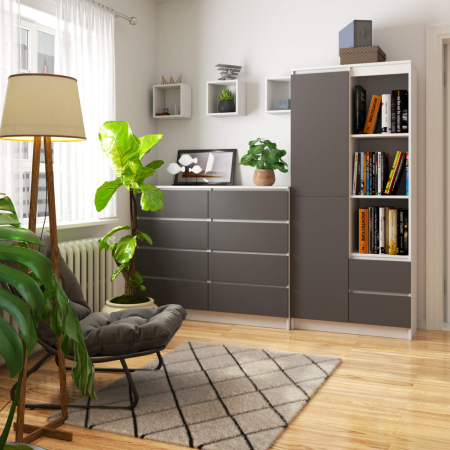 Dulap cu usa, 2 sertare si 7 rafturi, PAL laminat 16 mm, 80x35x180 cm, alb si gri [4]