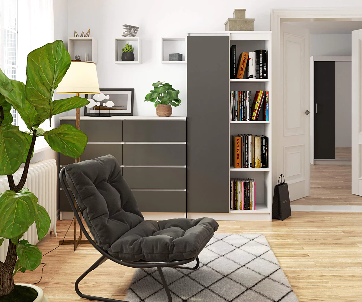 Dulap cu usa si 8 etajere, PAL laminat 16 mm, 80x35x180 cm, alb si gri [3]