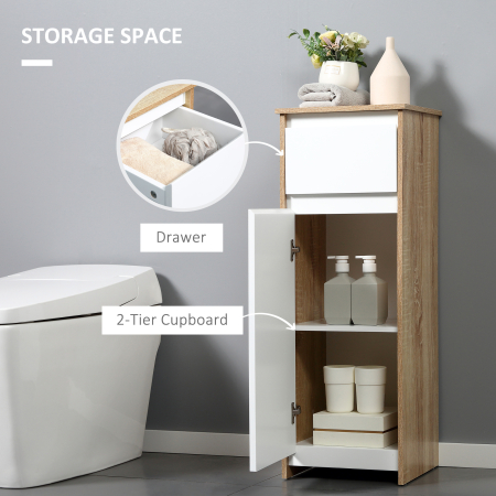  Dulap de Baie, Comoda cu 2 Niveluri si 1 Sertar din MDF, 32.6x30x90 cm, Lemn natural+Alb [4]