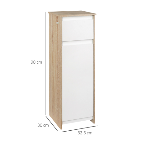  Dulap de Baie, Comoda cu 2 Niveluri si 1 Sertar din MDF, 32.6x30x90 cm, Lemn natural+Alb [2]