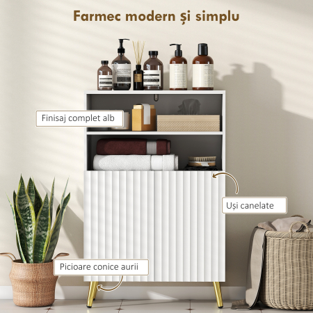  Dulap de Baie cu 2 Rafturi Deschise si Dulap, Dulap Compact cu Usi Amortizate, Raft Reglabil, pentru Bucatarie Living, 60x31.8x93 cm, Alb [3]