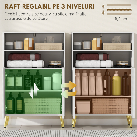  Dulap de Baie cu 2 Rafturi Deschise si Dulap, Dulap Compact cu Usi Amortizate, Raft Reglabil, pentru Bucatarie Living, 60x31.8x93 cm, Alb [6]