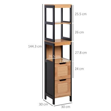  Dulap de baie cu 2 sertare si 3 compartimente deschise, mobilier baie din lemn MDF si bambus 30x30x144,3 cm, culoare lemnului [2]