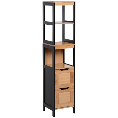 Baie -  Dulap de baie cu 2 sertare si 3 compartimente deschise, mobilier baie din lemn MDF si bambus 30x30x144,3 cm, culoare lemnului