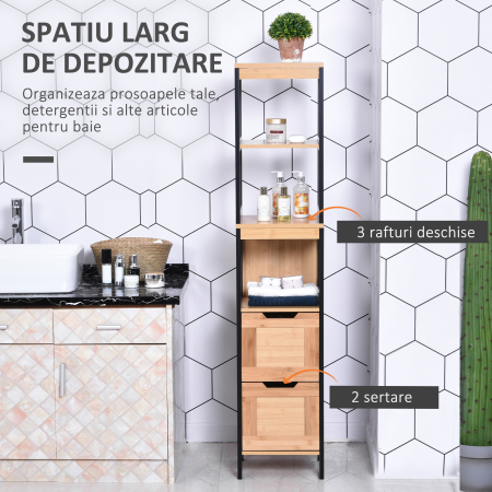 Dulap de baie cu 2 sertare si 3 compartimente deschise, mobilier baie din lemn MDF si bambus 30x30x144,3 cm, culoare lemnului [3]