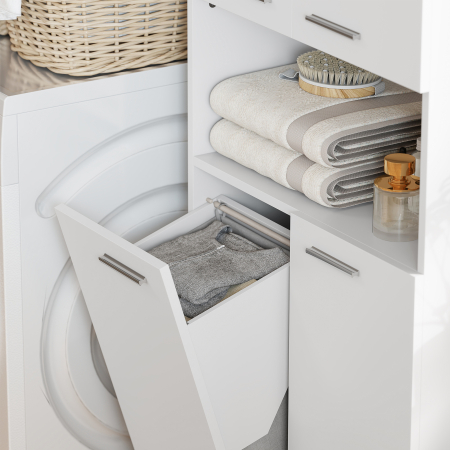  Dulap de Baie cu 2 Usi, Cos Rabatabil pentru Rufe si Raft Deschis, 60x30x174 cm, din Lemn, Alb [8]