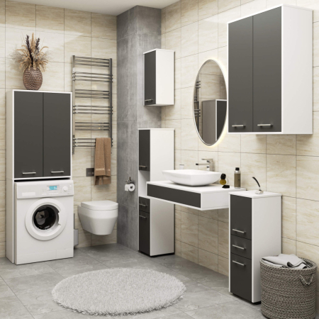 Dulap de baie cu 2 usi si 4 rafturi, pentru spatiul de deasupra masinii de spalat, 64x30x180 cm, alb si grafit [5]