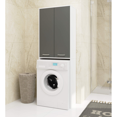 Dulap de baie cu 2 usi si 4 rafturi, pentru spatiul de deasupra masinii de spalat, 64x30x180 cm, alb si grafit [3]