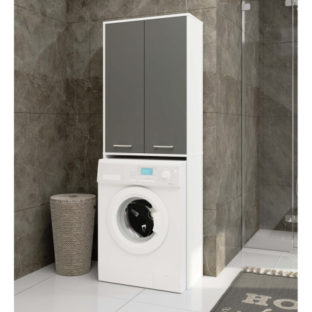 Dulap de baie cu 2 usi si 4 rafturi, pentru spatiul de deasupra masinii de spalat, 64x30x180 cm, alb si grafit [4]