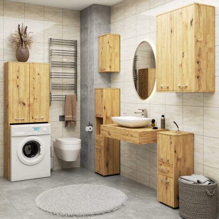 Dulap de baie cu 2 usi si 4 rafturi, pentru spatiul de deasupra masinii de spalat, 64x30x180 cm, stejar artisan [5]