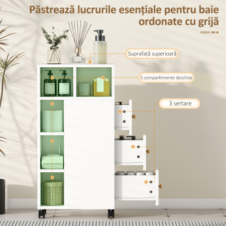  Dulap de baie cu economisire de spatiu, pe roti, 3 sertare si 5 rafturi reglabile, 20x40x80 cm, alb [3]