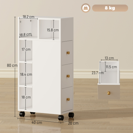  Dulap de baie cu economisire de spatiu, pe roti, 3 sertare si 5 rafturi reglabile, 20x40x80 cm, alb [2]