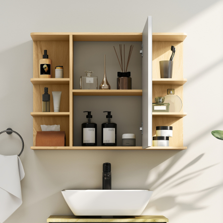  Dulap de Baie cu Oglinda cu 2 Rafturi si 6 Compartimente Deschise, 80x20x59 cm, Lemn [6]