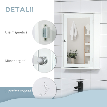  Dulap de Baie cu Oglinda - Dulap cu Oglinda - Dulap pentru WC - 1 Usa, 2 Rafturi - MDF Alb si Sticla [5]