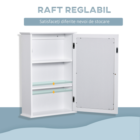  Dulap de Baie cu Oglinda - Dulap cu Oglinda - Dulap pentru WC - 1 Usa, 2 Rafturi - MDF Alb si Sticla [4]