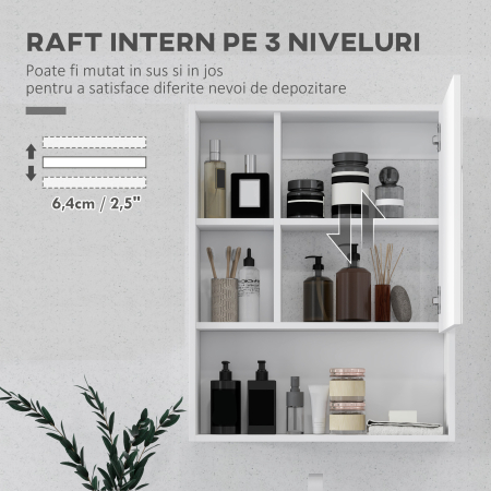  Dulap de Baie cu Oglinda si Rafturi Reglabile, Dulap Suspendat de Baie cu Usa, 60x15x76 cm, Alb [4]