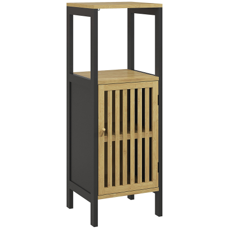Mobilier pentru baie -  Dulap de Baie cu Raft Deschis si Dulapior, din MDF si Bambus, 32x30x90,5 cm, Negru si culoare Lemn