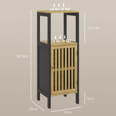  Dulap de Baie cu Raft Deschis si Dulapior, din MDF si Bambus, 32x30x90,5 cm, Negru si culoare Lemn [2]