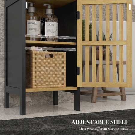  Dulap de Baie cu Raft Deschis si Dulapior, din MDF si Bambus, 32x30x90,5 cm, Negru si culoare Lemn [5]