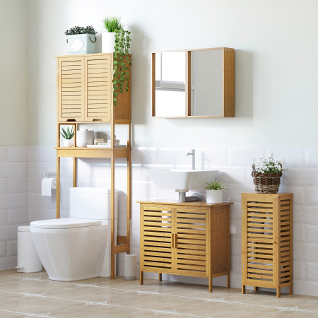  Dulap de Baie din Bambus cu Raft Interior Reglabil, 30x19,9x70 cm, Culoare Lemn [1]