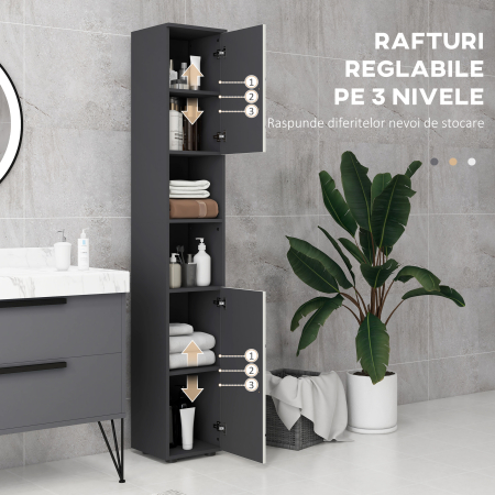  Dulap de Baie inalt 183 cm, Dulap ingust cu Rafturi Deschise si 2 Usi pentru Depozitare Baie [4]