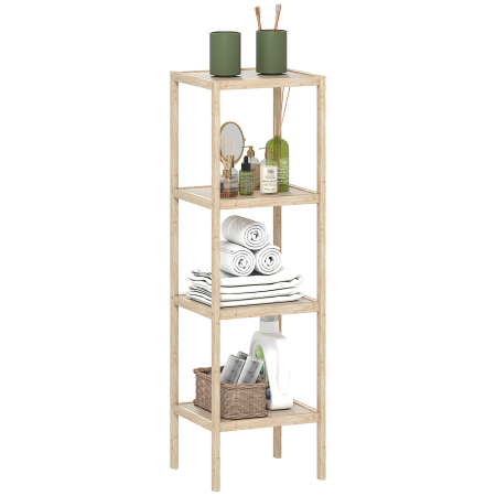 Baie -  Dulap de Baie Modern cu 4 Rafturi Anti-Rasturnare, Dulap de Baie din Bambus si Lemn, 33x31x110 cm, Lemn Natural